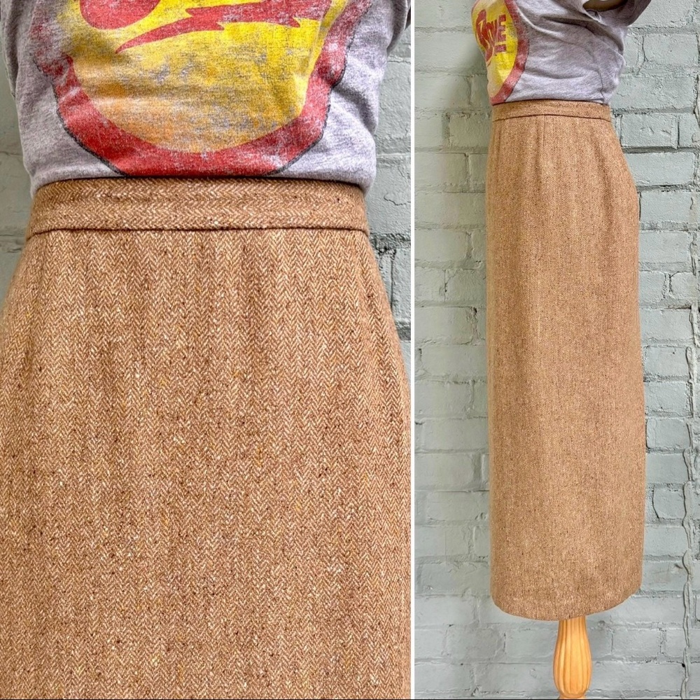 Vintage Wool Herringbone Tweed Midi Skirt